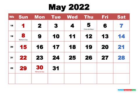 May 2022 Calendar With Holidays Printable